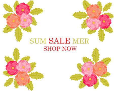 Summer sale white background with flowers. Shop now. Illustration