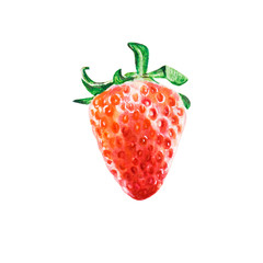 Watercolor sinle bright red juicy strawberry. Food background, painted bright composition. Hand drawn food illustration. Fruit print. Summer sweet fruits and berries.
