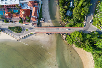 Aerial top view drone shot of bridge with cars on bridge road