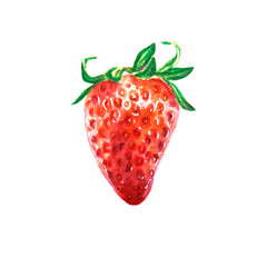 Watercolor sinle bright red juicy strawberry. Food background, painted bright composition. Hand drawn food illustration. Fruit print. Summer sweet fruits and berries.