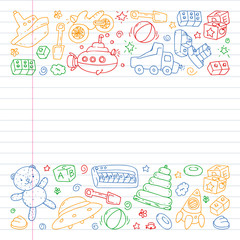 Vector pattern with kindergarten, toy children. Happy children illustration. Drawing on a notebook in a exercise notebook.