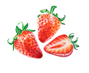 Watercolor red juicy strawberries with half berry. Food background, painted bright composition. Hand drawn food illustration. Fruit print. Summer sweet fruits and berries. - 274676434