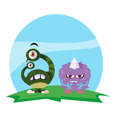funny monsters couple in the field characters colorful