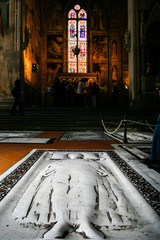 Ancient Marble tombstones tombs in floor of Basilica of the Holy Cross ( Basilica di Santa Croce )...