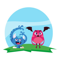 funny monsters couple in the field characters colorful