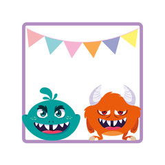square frame with funny monsters and garlands hanging
