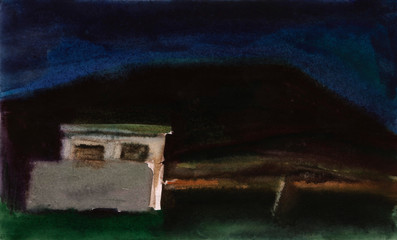 Obraz na płótnie Canvas Night watercolor sketch. Old concrete structure on the background of the night landscape.