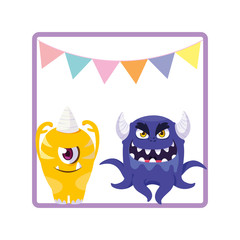 square frame with funny monsters and garlands hanging