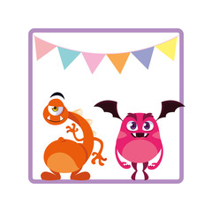 square frame with funny monsters and garlands hanging