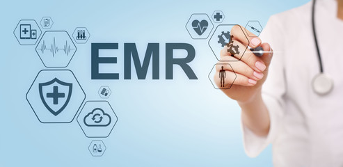 Electronic health record. EHR, EMR. Medicine and healthcare concept. Medical doctor working with modern pc.