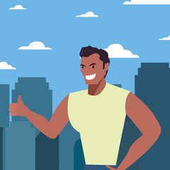 man avatar character cityscape background