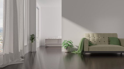 Home interior with couch and white walls and dark parquet floor. 3D rendering.