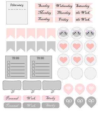 Stickers For Digital Planner. Vector Set Of Printable Stickers For Planner.