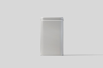 Blank square Tall Tin Box food container Mock up.Rectangular glossy Tin Can.Container for dry products tea, coffee, sugar, candy, spice. Realistic photo.3D rendering