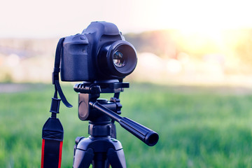 Shooting a camera at sunset with a tripod in the park on a background of green grass. Camera setup. Shooting in low light