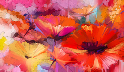 Abstract colorful oil, acrylic painting of spring flower. Hand painted brush stroke on canvas. Illustration oil painting floral for background. Modern art paintings flowers with yellow, red color. - obrazy, fototapety, plakaty