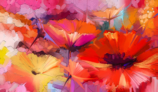 Abstract colorful oil, acrylic painting of spring flower. Hand painted brush stroke on canvas. Illustration oil painting floral for background. Modern art paintings flowers with yellow, red color. © nongkran_ch