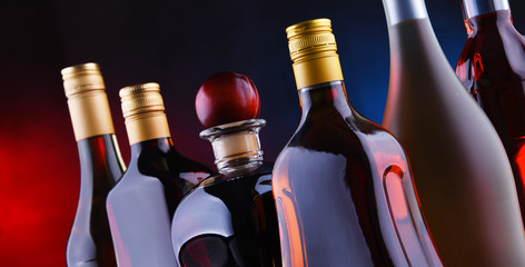 Bottles of assorted alcoholic beverages.