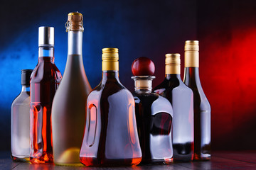 Bottles of assorted alcoholic beverages.