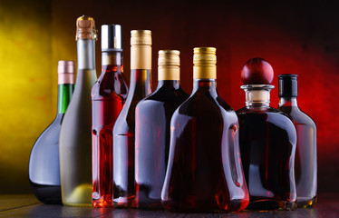 Bottles of assorted alcoholic beverages.