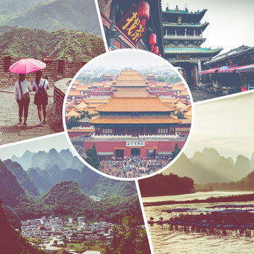 Collage of popular tourist destinations in China. Travel background.