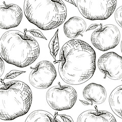 Apple background. Seamless pattern of hand-drawn black apples on white background. Sketch style vector backdrop.