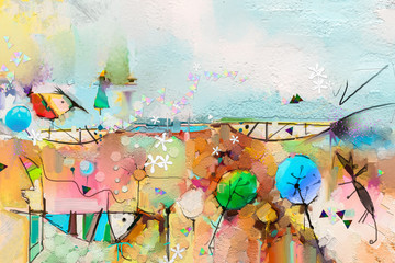 Abstraktes buntes Fantasieöl, Acrylmalerei. Semi-abstrakte Farbe von Baum, Fisch und Vogel in der Landschaft. Frühling, Sommersaison Naturhintergrund. Handbemalt, Kindermalstil
