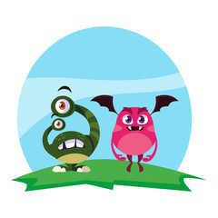 funny monsters couple in the field characters colorful