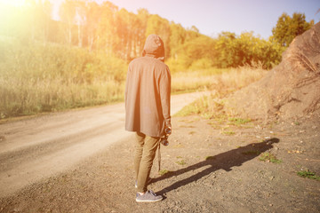 Close-up of a man holding hand. looking. using binoculars with copyspace, technology Binoculars background concept