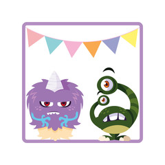 square frame with funny monsters and garlands hanging