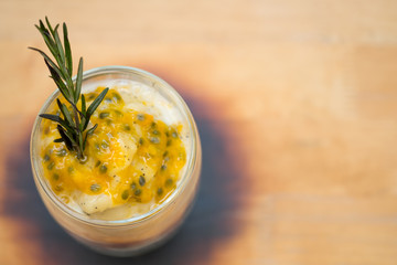 Glass of passion fruit smoothie juice. Food healthy concept