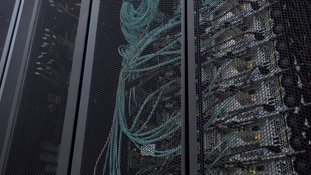 Server rack flashing led lights are in a modern data center are located behind an iron door with round openings.