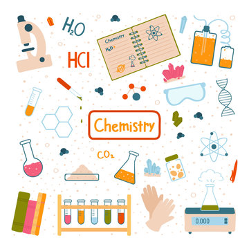 A set of items for chemical experiments. School course. Vector illustration isolated on white background.
