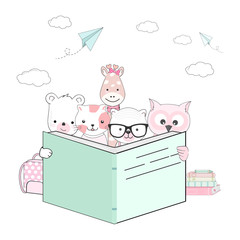 Cute animals cartoon back to school illustration