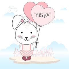 Cute baby rabbit with heart balloons animal cartoon illustration