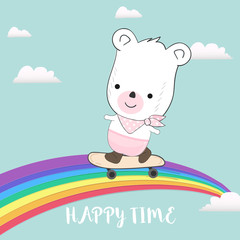 Cute bear playing skateboard on rainbow animal cartoon illustration