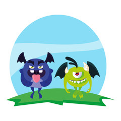 funny monsters couple in the field characters colorful