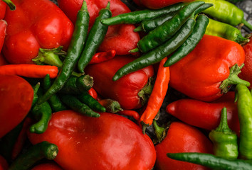 Red pepper on green peppers background. Chilli pepper.