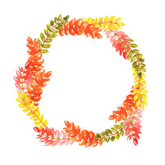 Watercolor illustration of a wreath of twigs of green yellow orange leaves. autumn round frame.