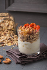 Homemade yogurt with granola, dried fruit and nuts bio with most healthy seed.