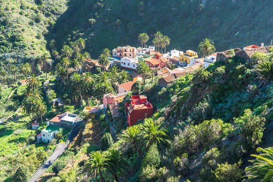 View above the village Macayo, located in the canyon of Vallehermoso what means the beautiful valley