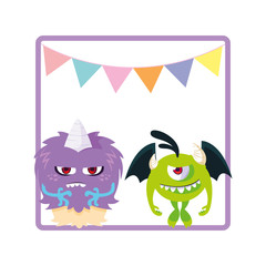 square frame with funny monsters and garlands hanging