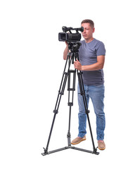 Cameraman. Video camera operator isolated on a white background.