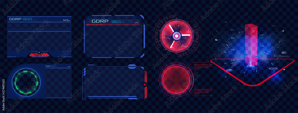 Poster HUD UI GUI futuristic user interface screen isolated elements set. High tech screen for video game. Sci-fi concept design. Callouts titles isolated on blue. Vector illustration