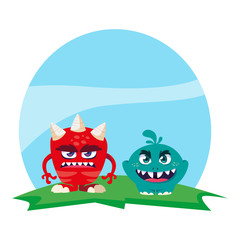funny monsters couple in the field characters colorful