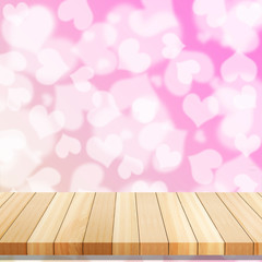 Heart bokeh background, Love concept Wooden board empty table in front of blurred background.