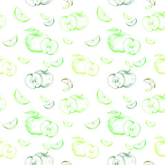 Apple background. Seamless pattern of hand-drawn green apples on white background. Sketch style vector backdrop.