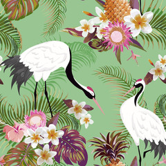 Obraz na płótnie Canvas Seamless Pattern with Japanese Cranes and Tropical Flowers, Retro Floral Background, Fashion Print, Birthday Japanese Decoration Set. Vector Illustration