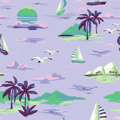 Vintage Beautiful seamless island pattern on white background. Landscape with palm trees, yacht, beach and ocean vector hand drawn style