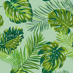 Fototapeta na wymiar Retro dark palm leaves background pattern, tropical jungle illustration texture in vector for wallpaper, print, brochure, design